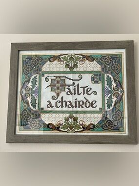 Irish Celtic “welcome friends” cross stitch embroidery sign wall framed knotwork